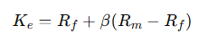 Fórmula CAPM: Ke = Rf + Beta (Rm – Rf), utilizada para calcular el costo del capital propio en la valoración de empresas.